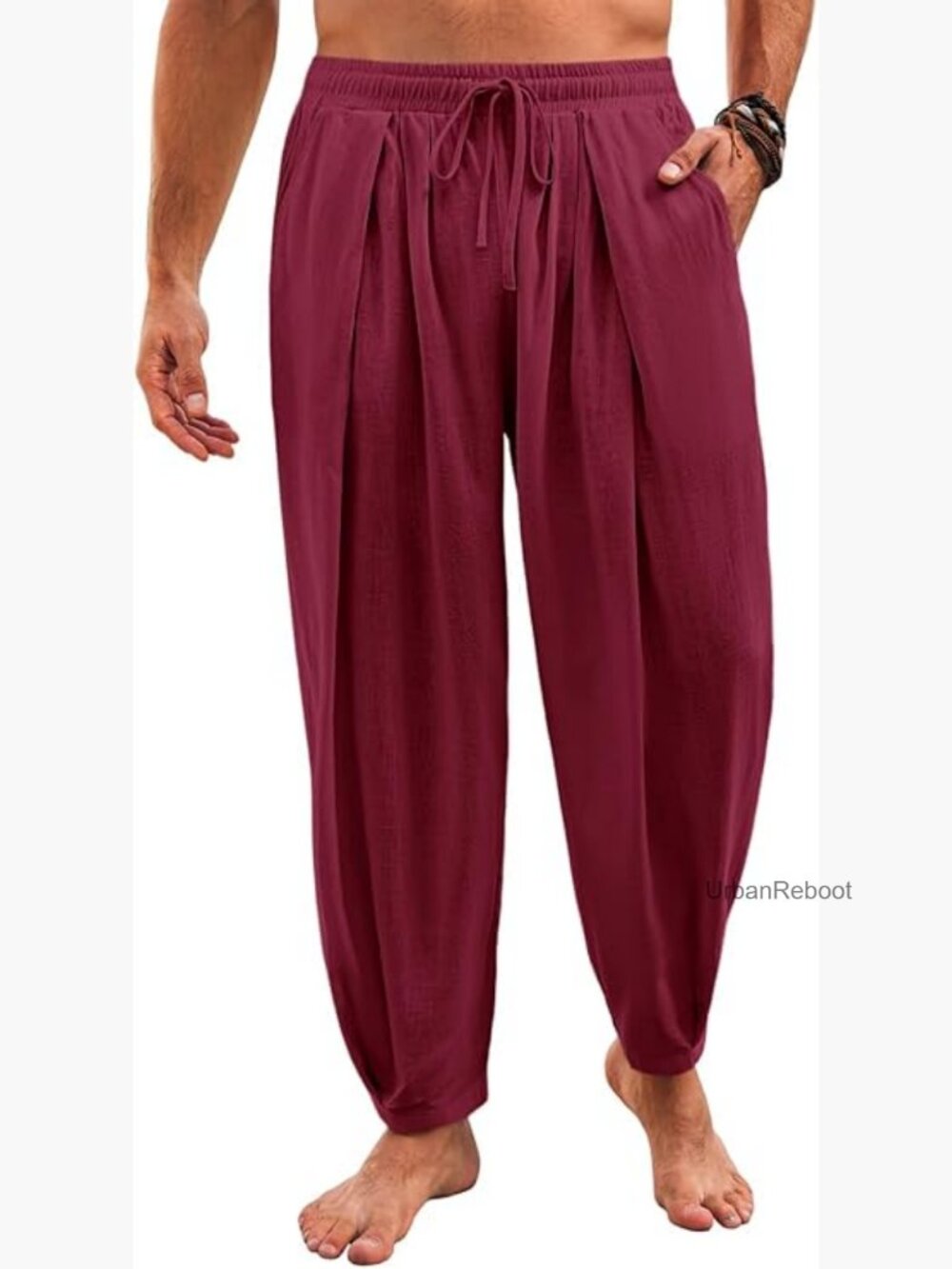 Men's Harem Pants Drawstring Elastic Waist Cotton Cropped Yoga Beach Trousers